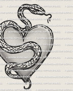 Snake heart tattoo design, detailed scales and curved tail framing a heart, high resolution stencil file for wrist, ribs, or thigh sizing.