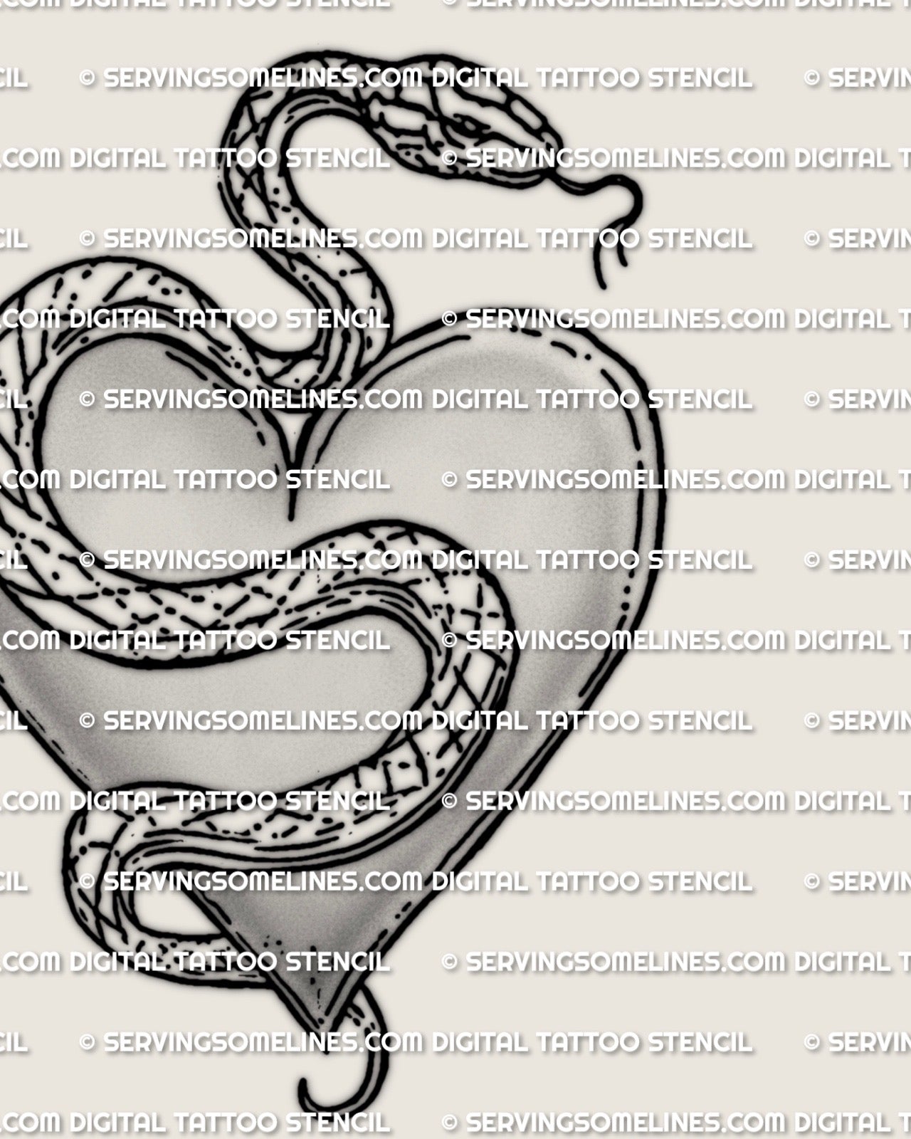 Snake heart tattoo design, detailed scales and curved tail framing a heart, high resolution stencil file for wrist, ribs, or thigh sizing.