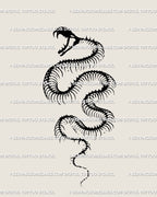 Hand-drawn snake skeleton tattoo stencil in gothic blackwork style, clean digital line design for collectors and artists. 