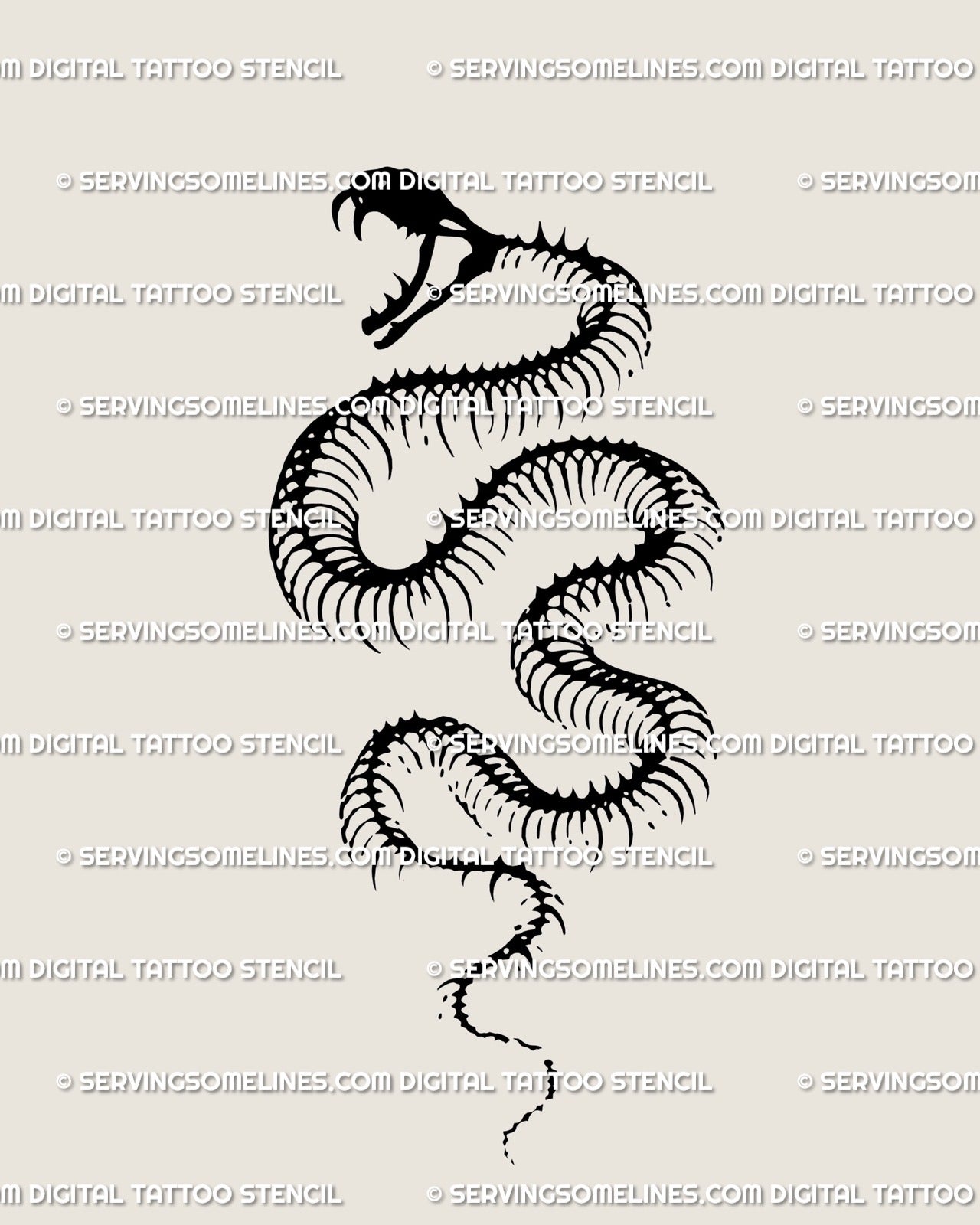 Hand-drawn snake skeleton tattoo stencil in gothic blackwork style, clean digital line design for collectors and artists. 