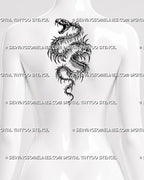 Snake skeleton tattoo stencil shown on a woman’s upper back, with a skull head, rib bones, and dark fantasy serpent detail.