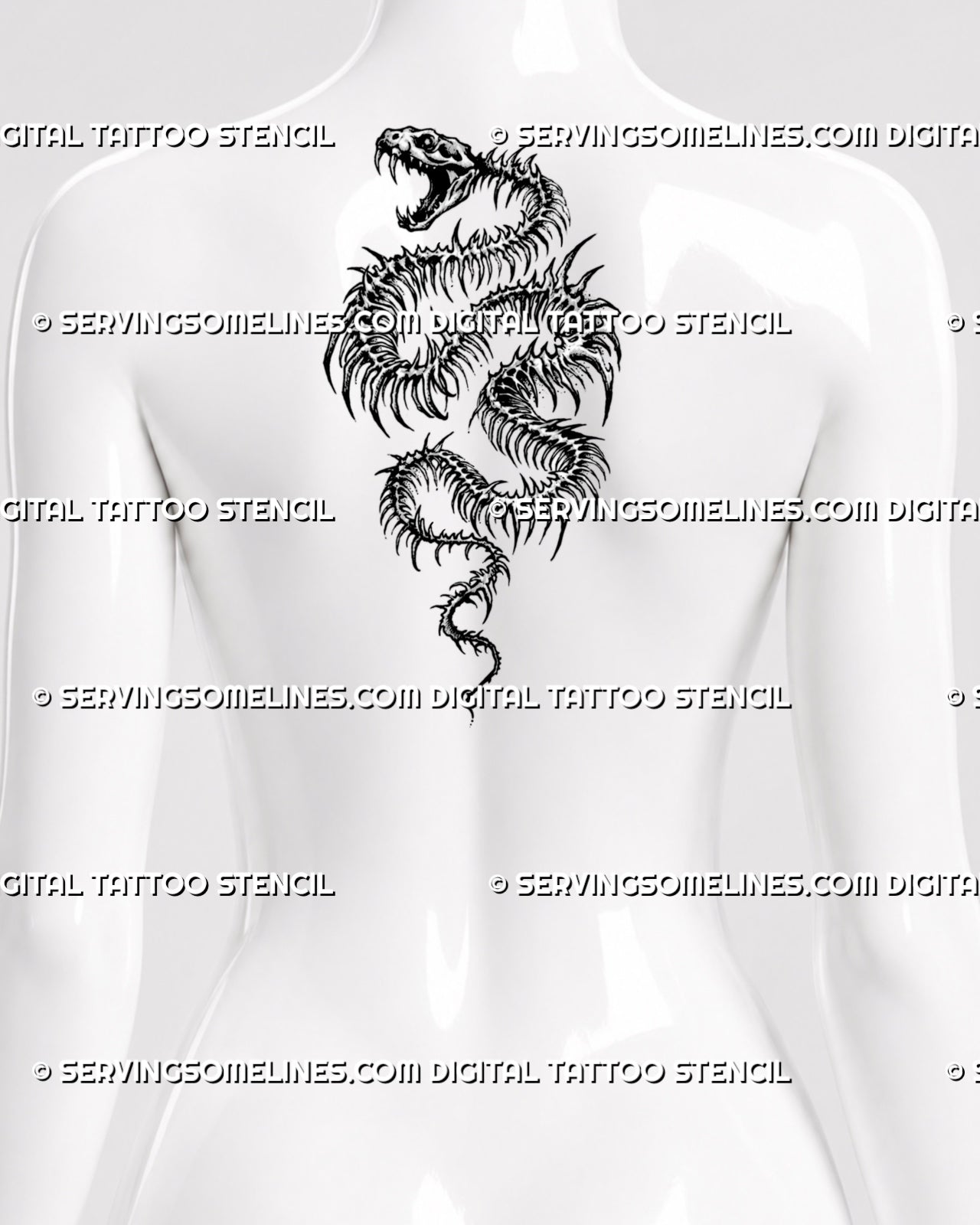 Snake skeleton tattoo stencil shown on a woman’s upper back, with a skull head, rib bones, and dark fantasy serpent detail.