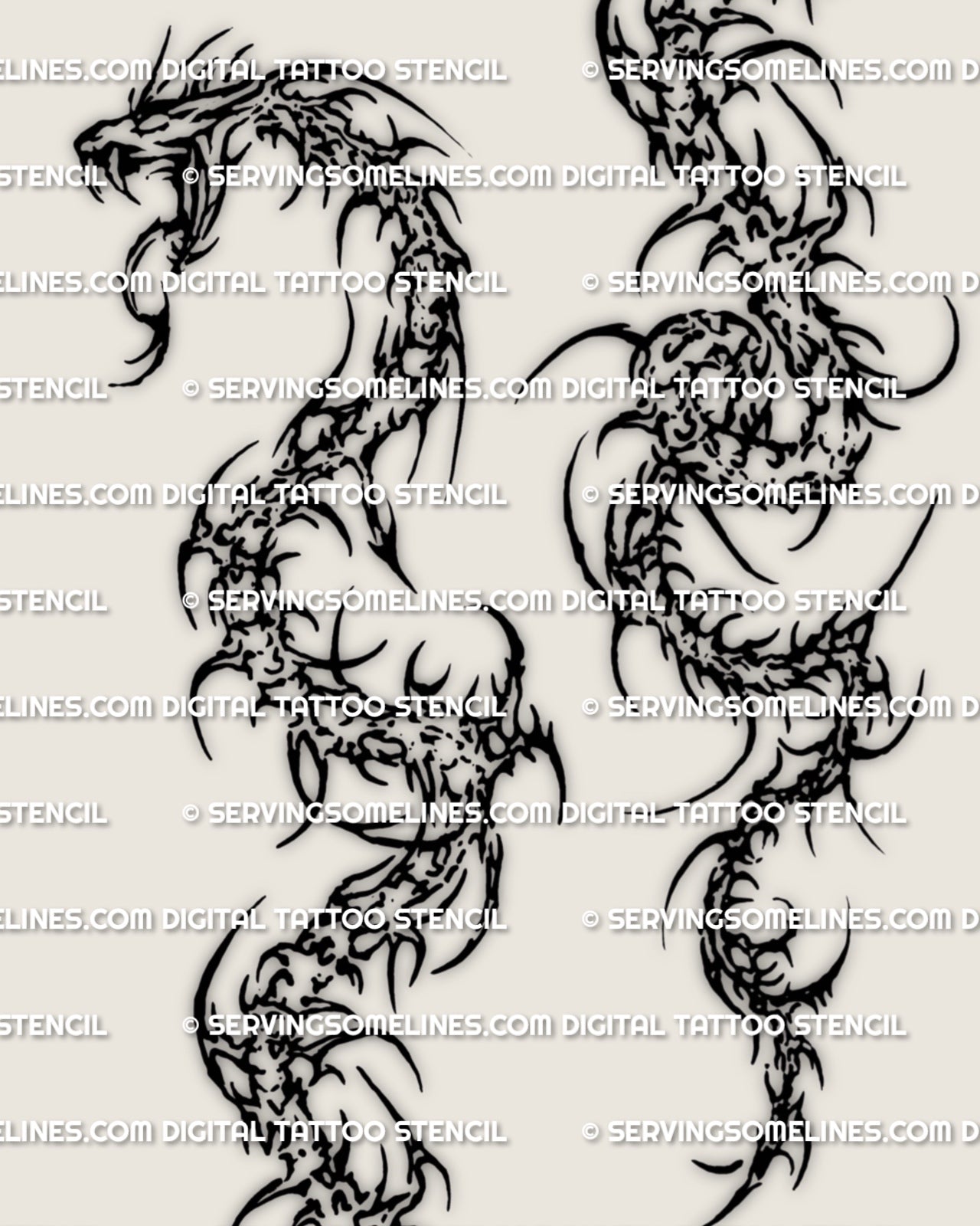 Close detail of snake spine tattoo stencil showing the serpent head, body texture, and sharp cybersigil-style shaping