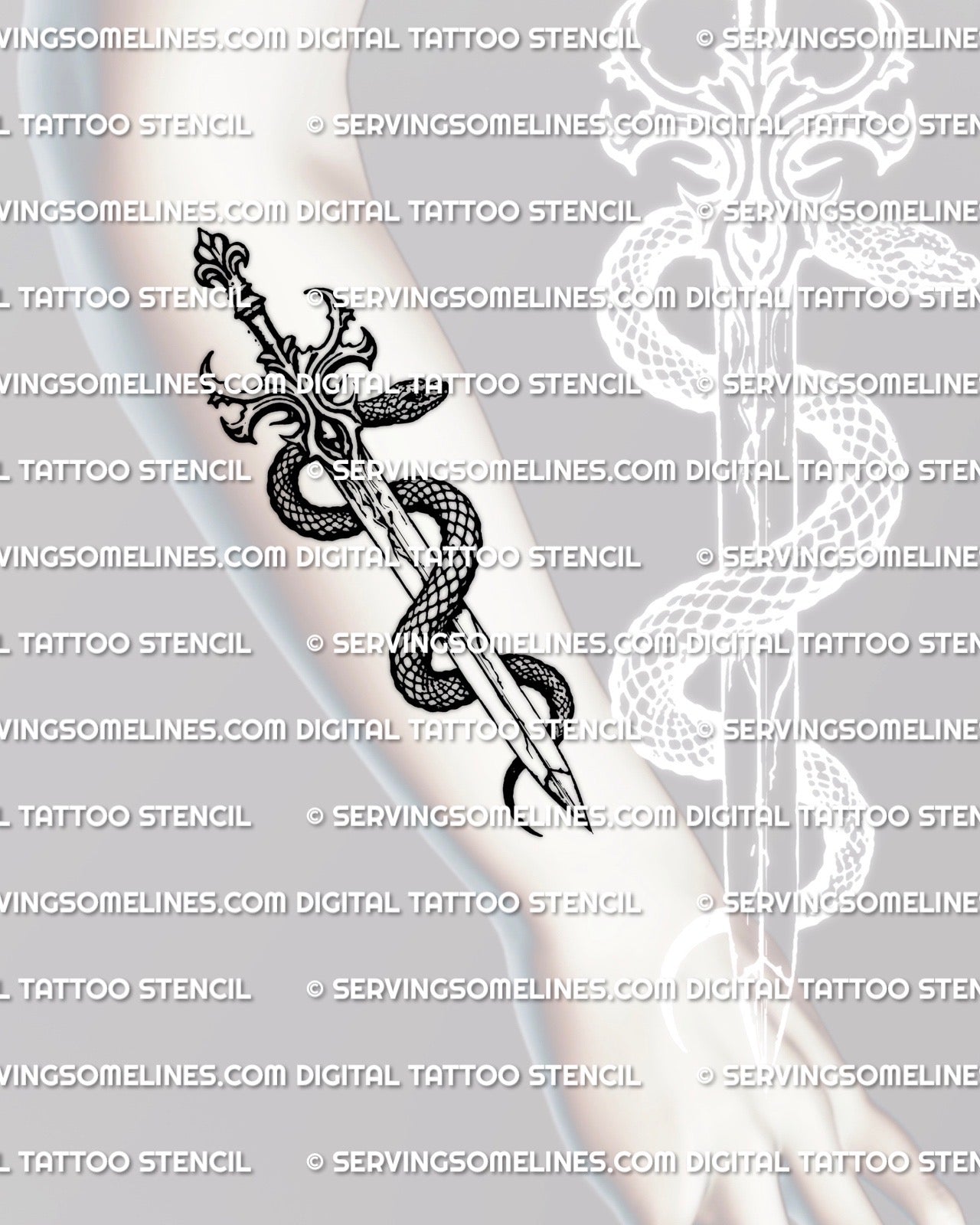 Snake sword tattoo stencil shown on forearm placement, coiled serpent blade with ornate guard, gothic style.