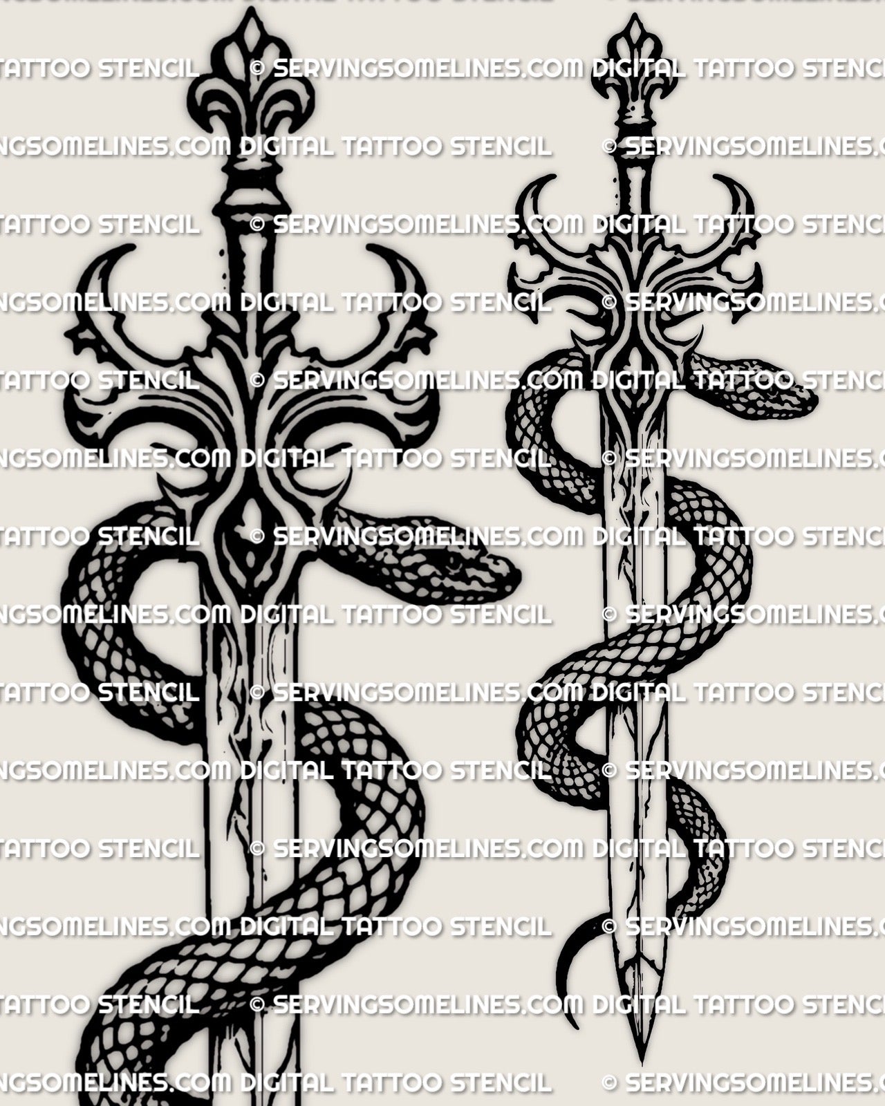 Snake sword tattoo stencil design, gothic serpent wrapped blade, clean linework on light background.