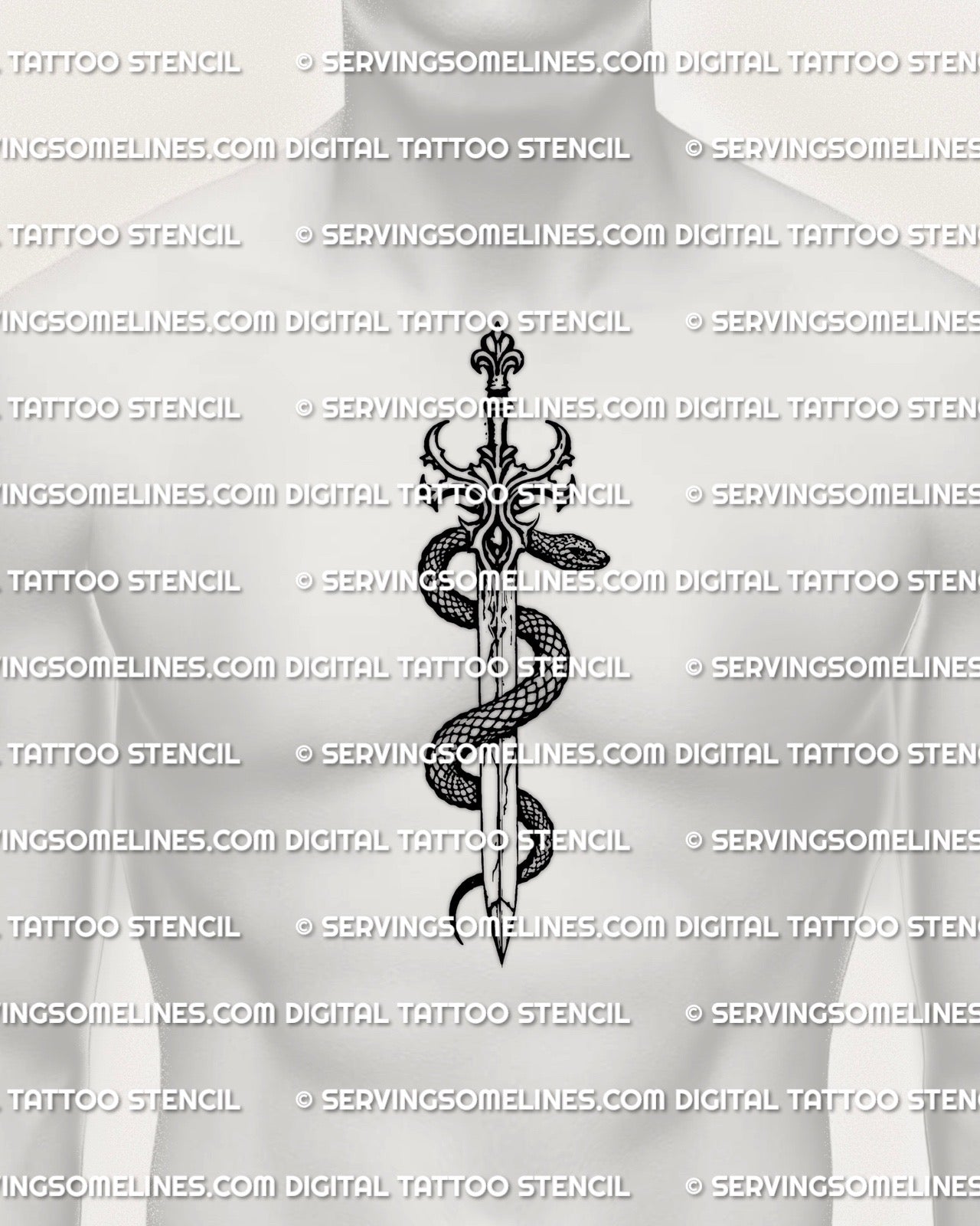 Snake sword tattoo stencil shown on chest center placement for men, bold serpent blade motif, gothic style.