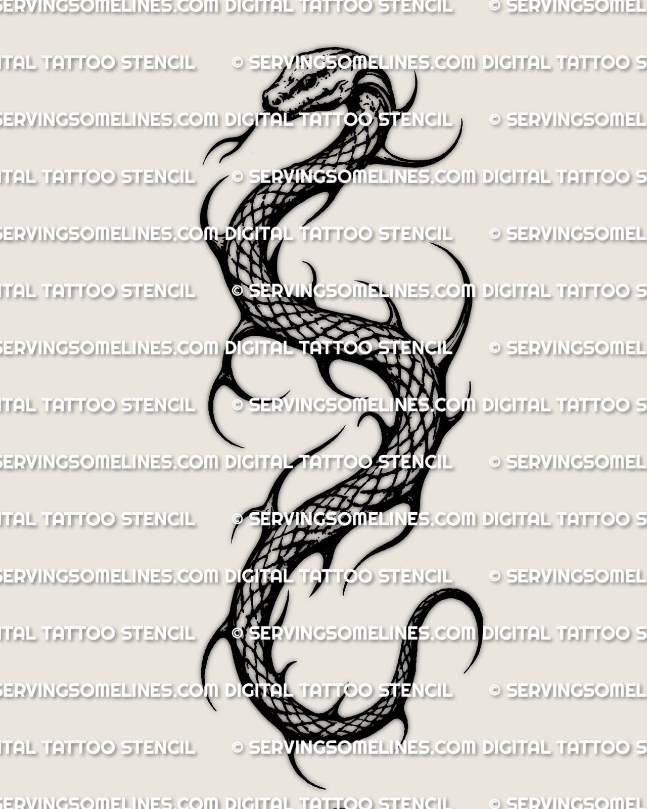 Snake tattoo stencil digital download, coiled serpent outline with spiked accents, printable file for tattooist sizing and placement