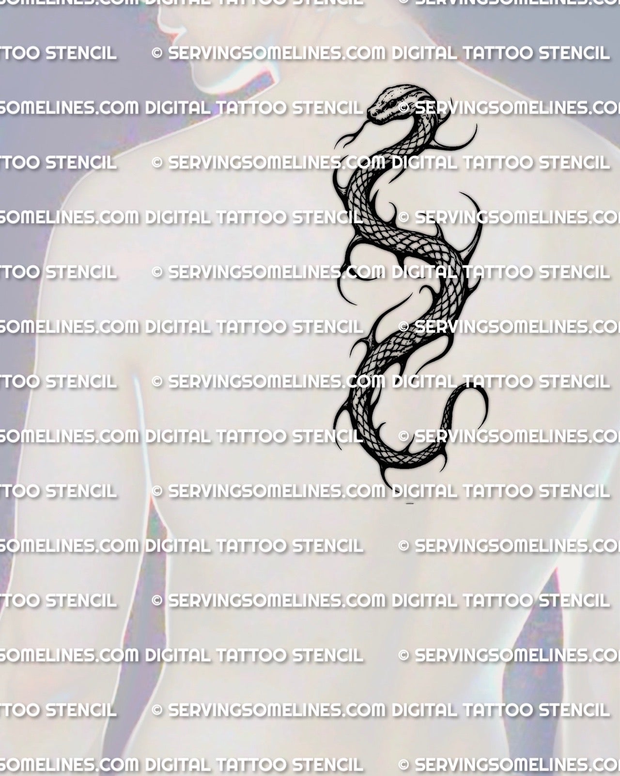Snake tattoo stencil shown on mens upper back spine placement example, coiled serpent outline tattoo design, printable stencil download