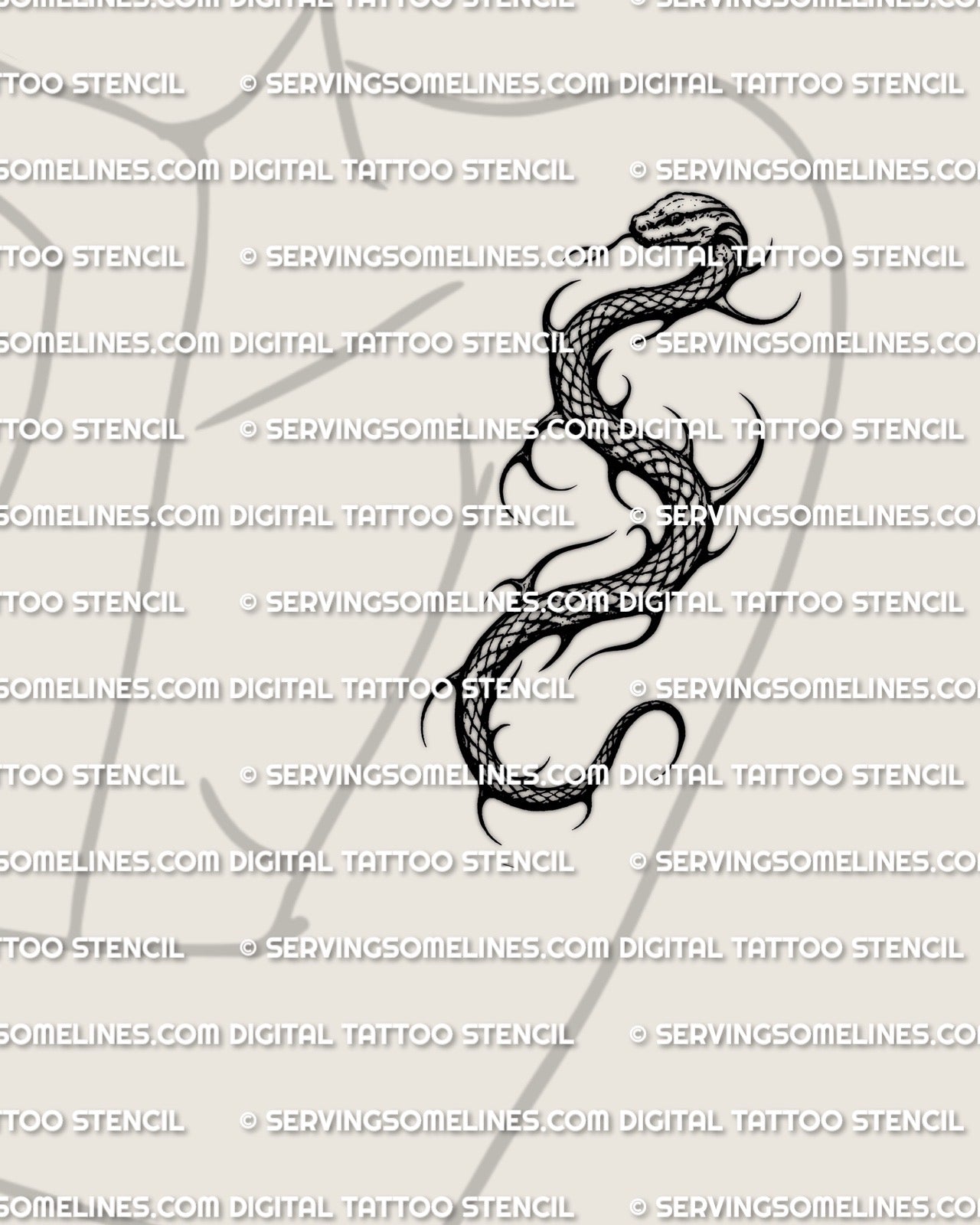 Snake tattoo stencil shown on womens arm placement example, stylized coiled serpent outline with clean edges for stencil transfer