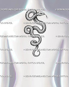 Snake tattoo stencil shown on a woman’s upper back, with a raised serpent head, forked tongue, curved body, and detailed scale texture.