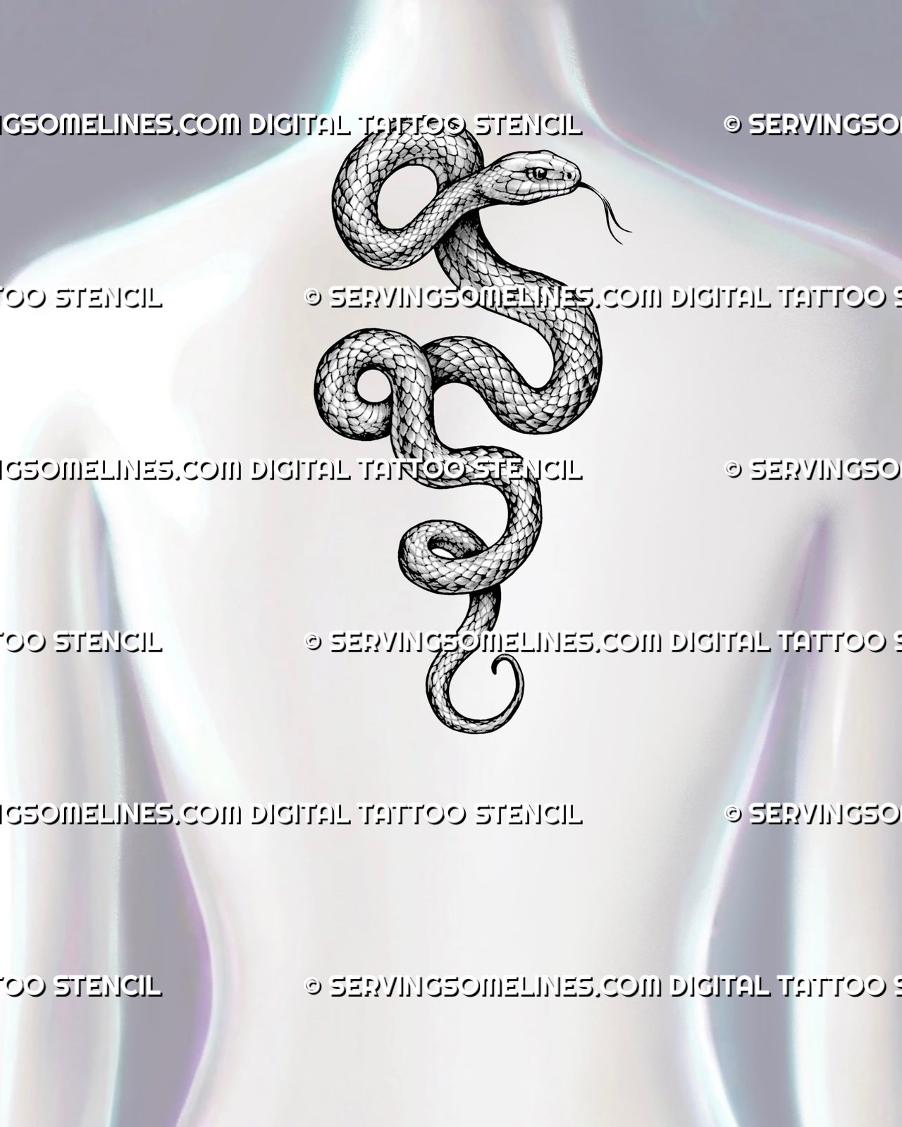 Snake tattoo stencil shown on a woman’s upper back, with a raised serpent head, forked tongue, curved body, and detailed scale texture.