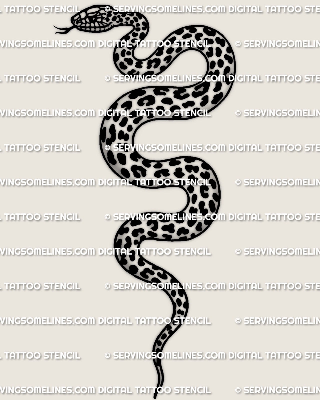 Snake with leopard print tattoo stencil, single coiled snake design with rosette spot fill, instant digital download files.