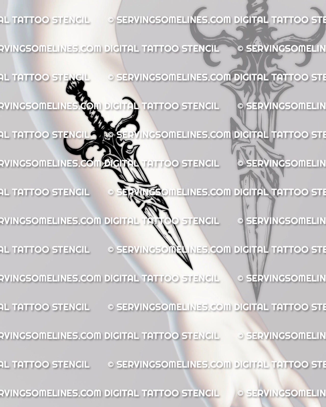 Snapped blade tattoo stencil download shown on forearm placement example, printable sizing test before tattoo, clean outline for transfer.