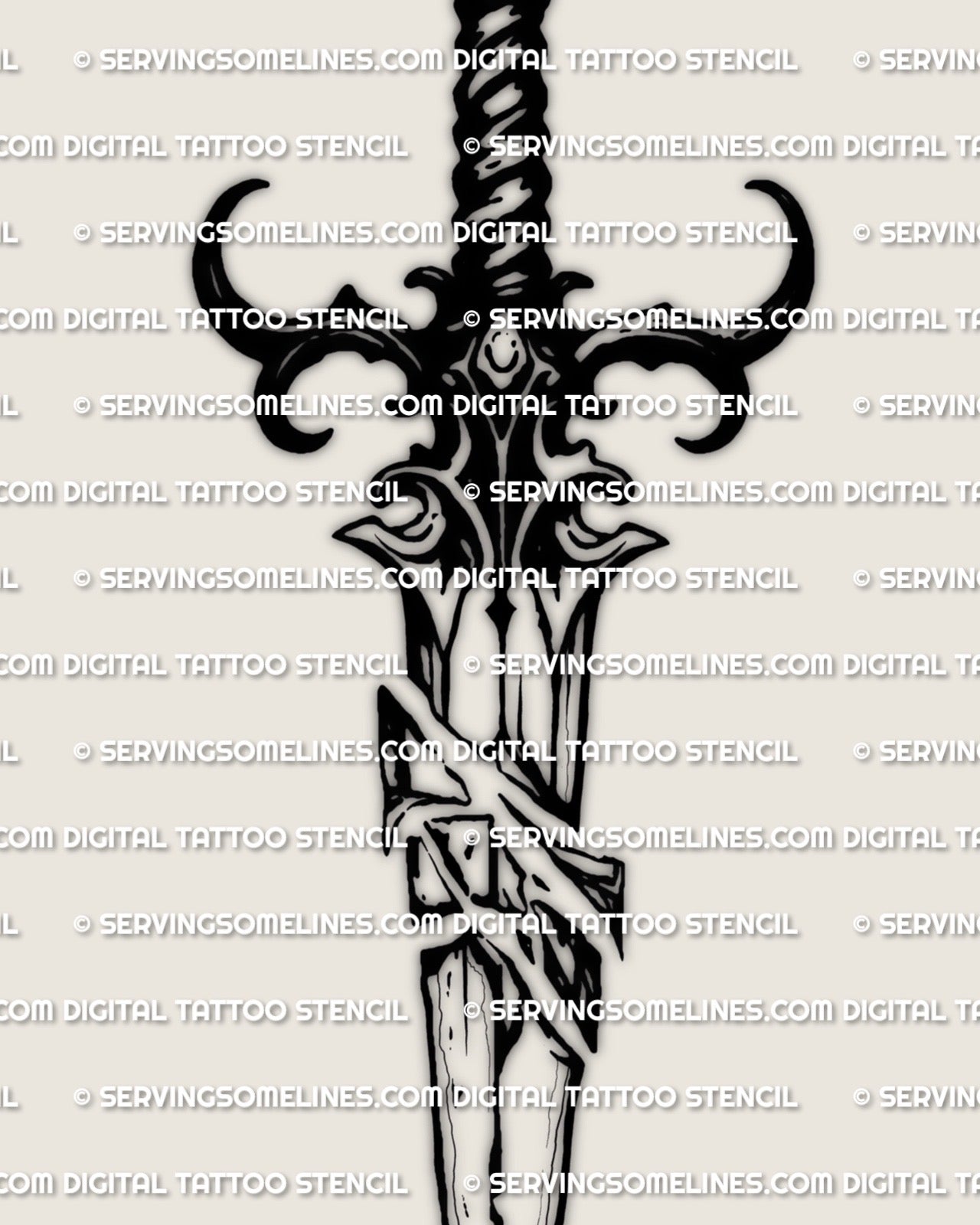 Detail close view of snapped blade tattoo stencil, crisp line spacing for transfer, scales cleanly for small placements, instant download.