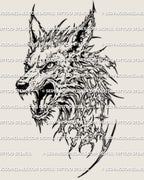 Snarling wolf head tattoo stencil printable design, aggressive animal artwork prepared for digital download.