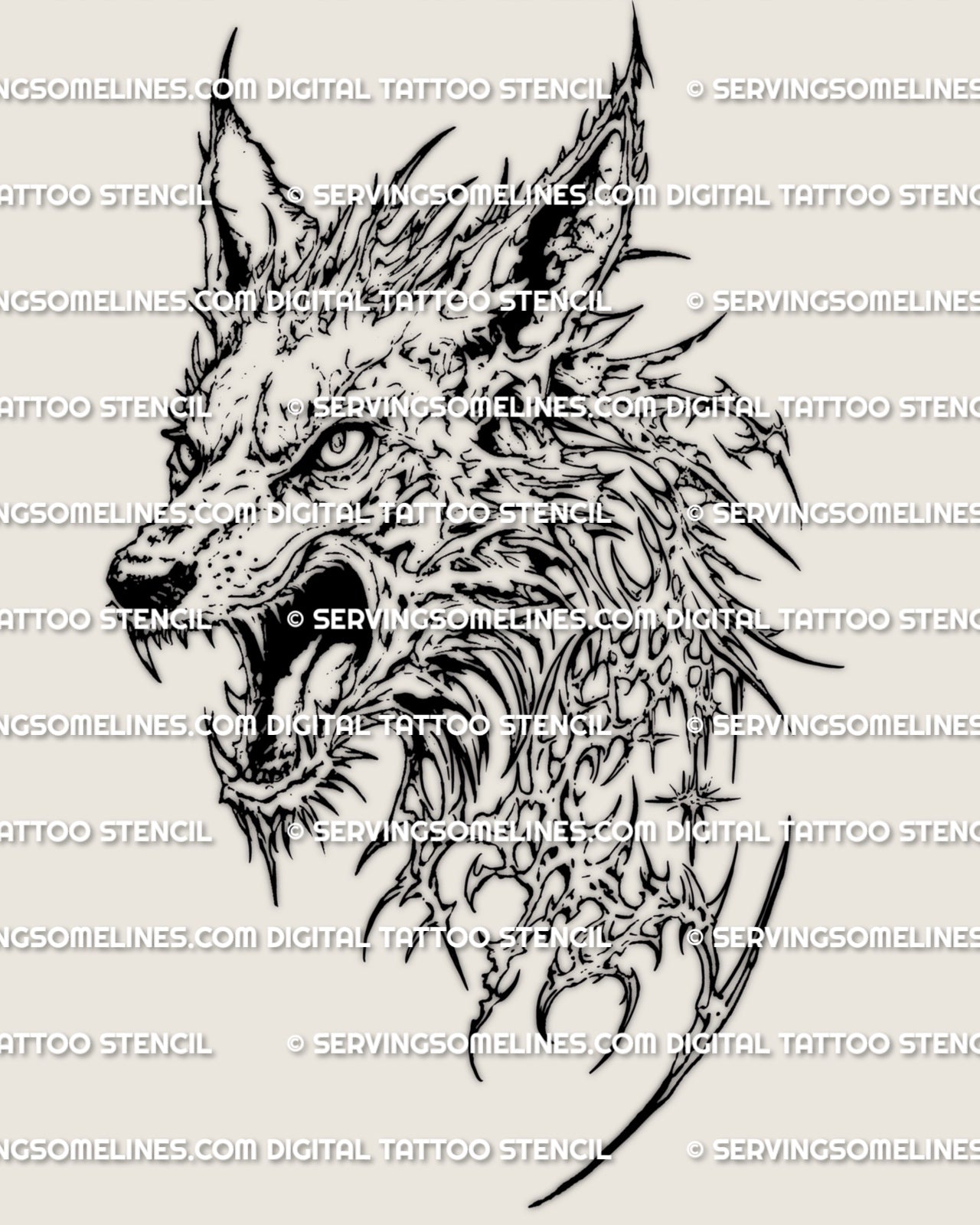 Snarling wolf head tattoo stencil printable design, aggressive animal artwork prepared for digital download.
