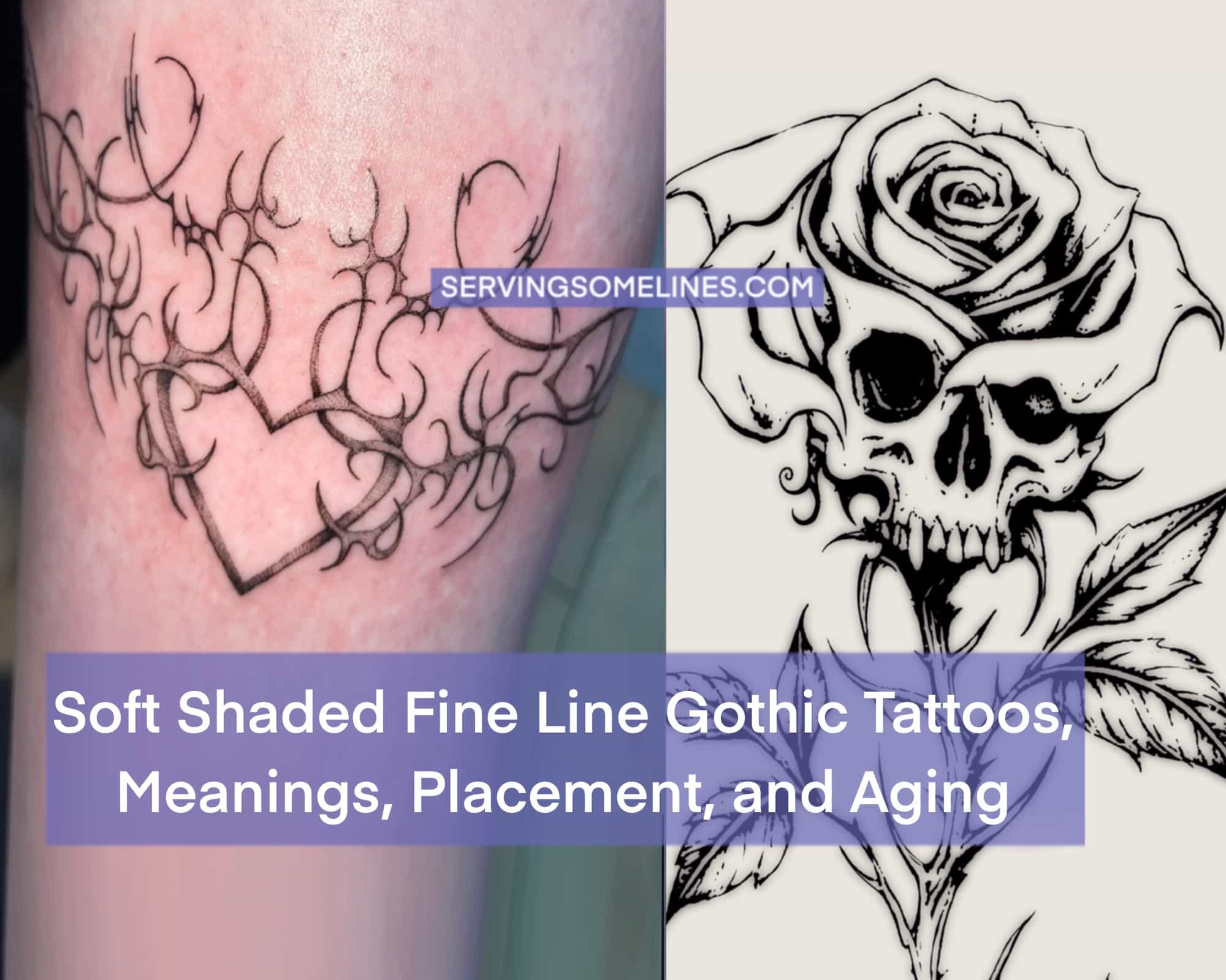 Soft shaded fine line gothic tattoo examples showing linework style, placement differences, and how delicate tattoos age over time