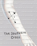 Southern Cross constellation tattoo stencil shown on forearm placement example, Crux star cross layout in blackwork