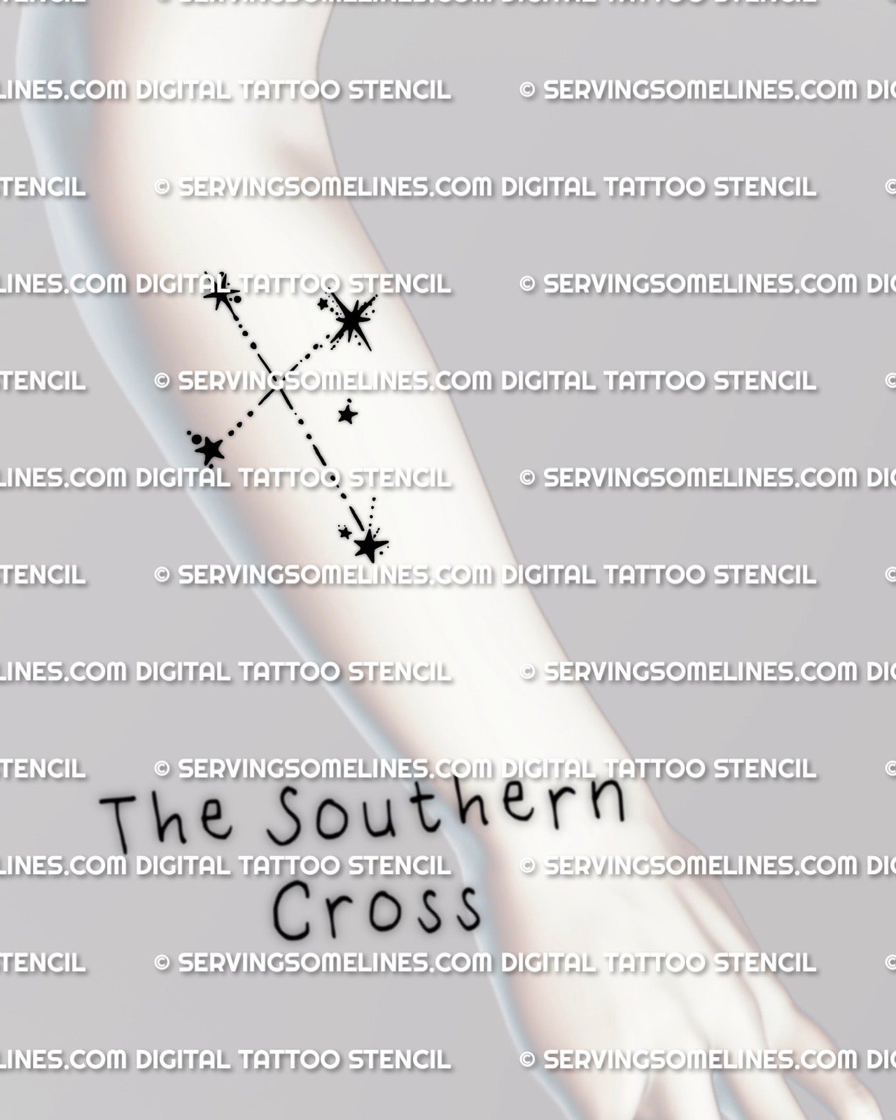 Southern Cross constellation tattoo stencil shown on forearm placement example, Crux star cross layout in blackwork