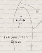 Southern Cross tattoo stencil displayed on women’s thigh placement example, Crux constellation stars in clean linework