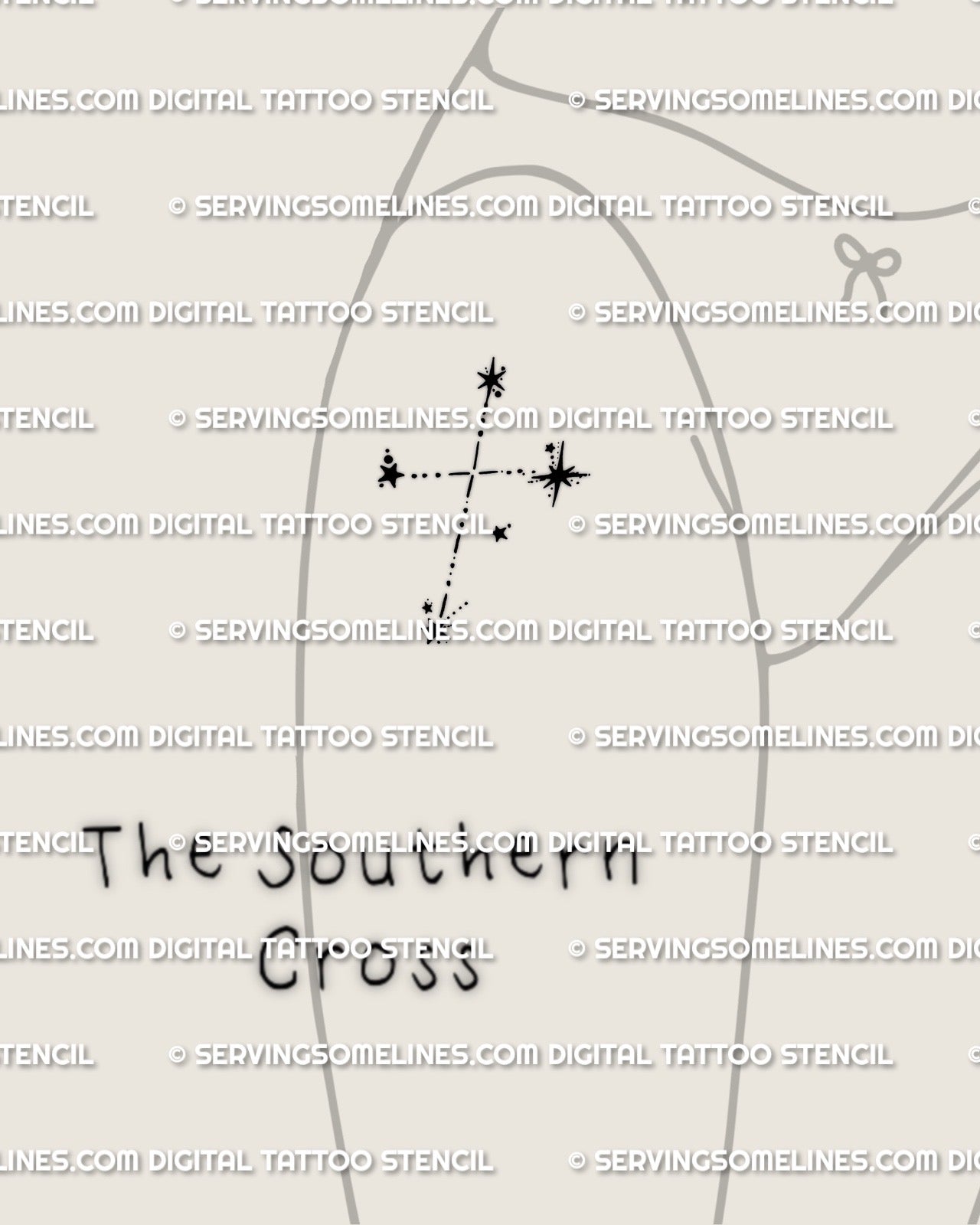 Southern Cross tattoo stencil displayed on women’s thigh placement example, Crux constellation stars in clean linework