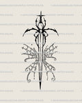 Hand-drawn spider dagger tattoo stencil with butterfly-web wings, gothic cybersigilism line art, printable digital design for tattoo artists.