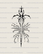 Hand-drawn spider dagger / spider sword tattoo stencil with butterfly-shaped spiderweb wings, neogothic cybersigilism line art, printable digital design for artists.