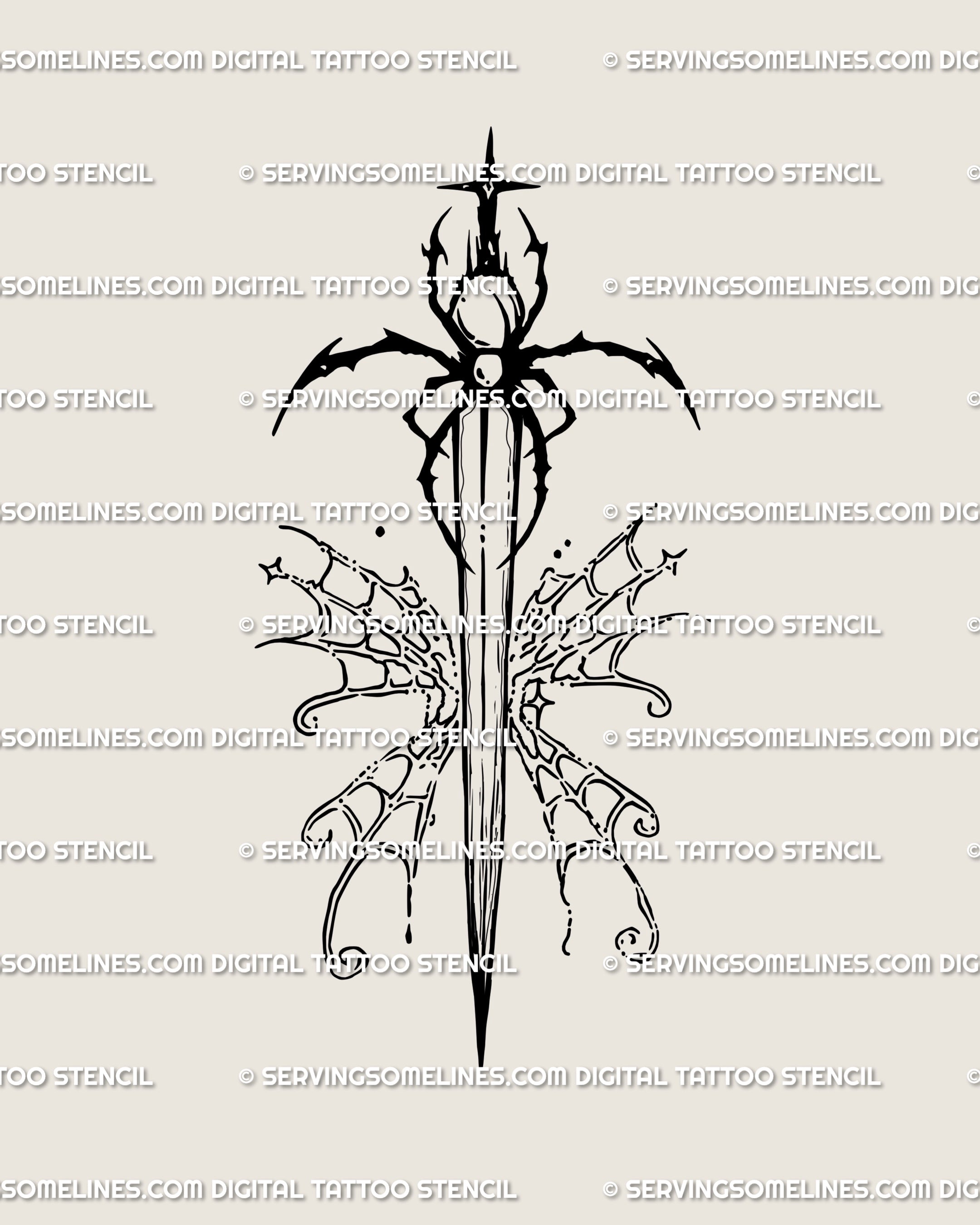 Hand-drawn spider dagger / spider sword tattoo stencil with butterfly-shaped spiderweb wings, neogothic cybersigilism line art, printable digital design for artists.
