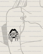 Arm placement mock-up of a spider in mouth tattoo design with gothic lips and horror details, a witchy Halloween stencil download for alt tattoo style, printable and sharp.