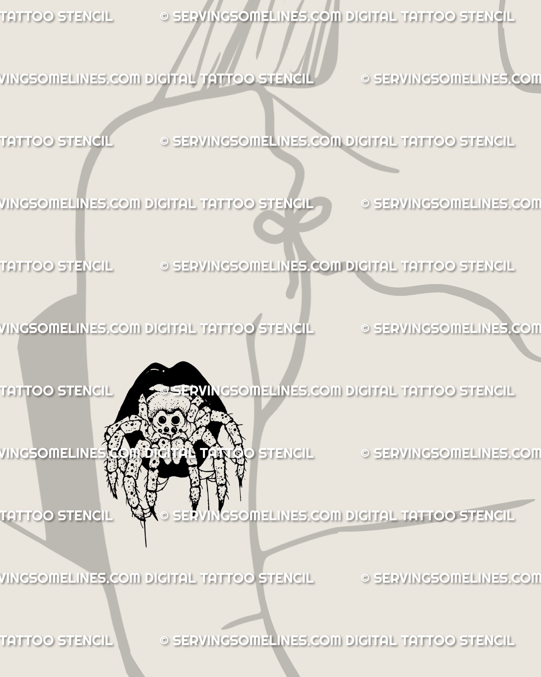Arm placement mock-up of a spider in mouth tattoo design with gothic lips and horror details, a witchy Halloween stencil download for alt tattoo style, printable and sharp.