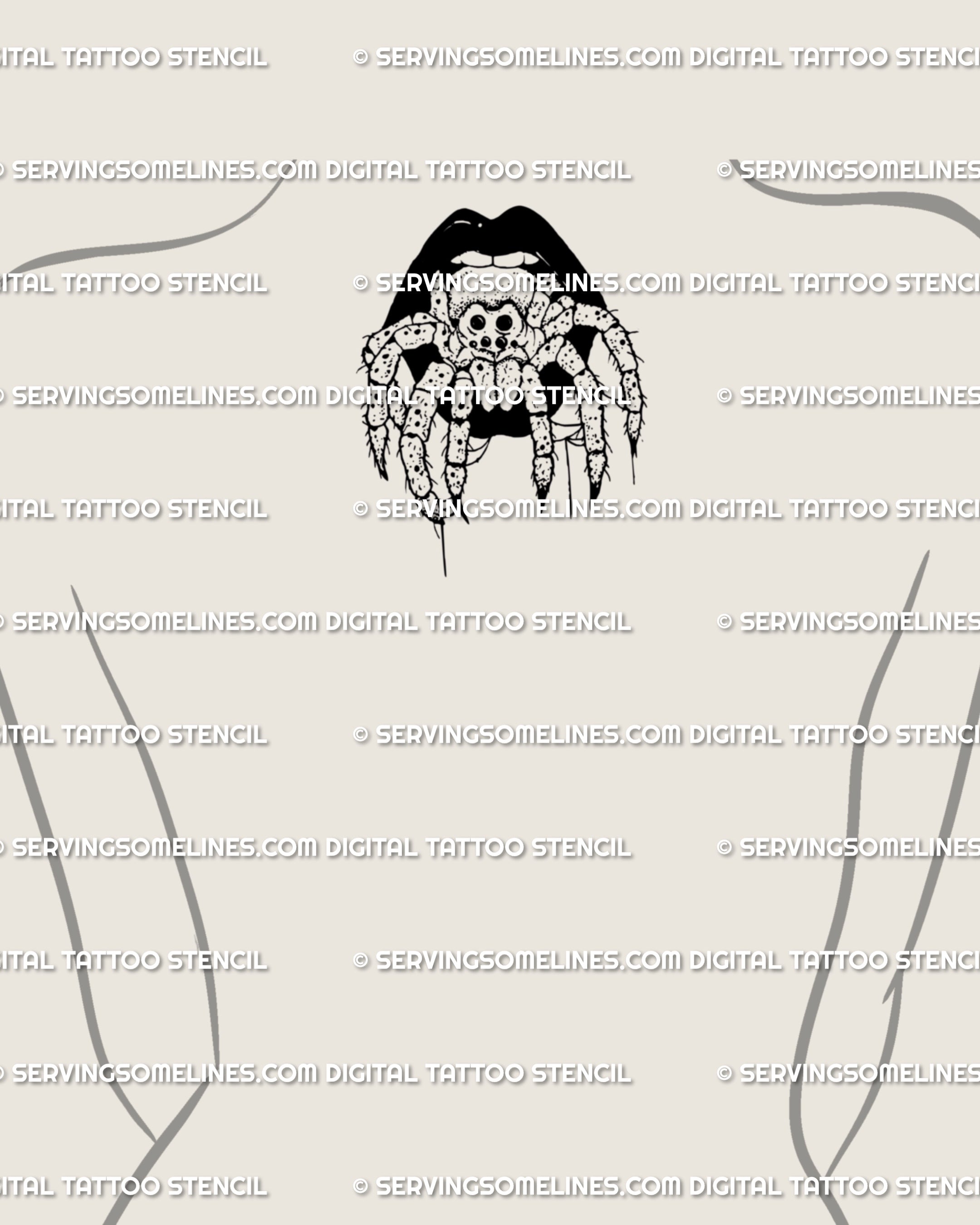 Spider in mouth tattoo stencil placed on back of the neck. Gothic horror lips with spider, witchy Halloween vibe, printable digital download tattoo design.
