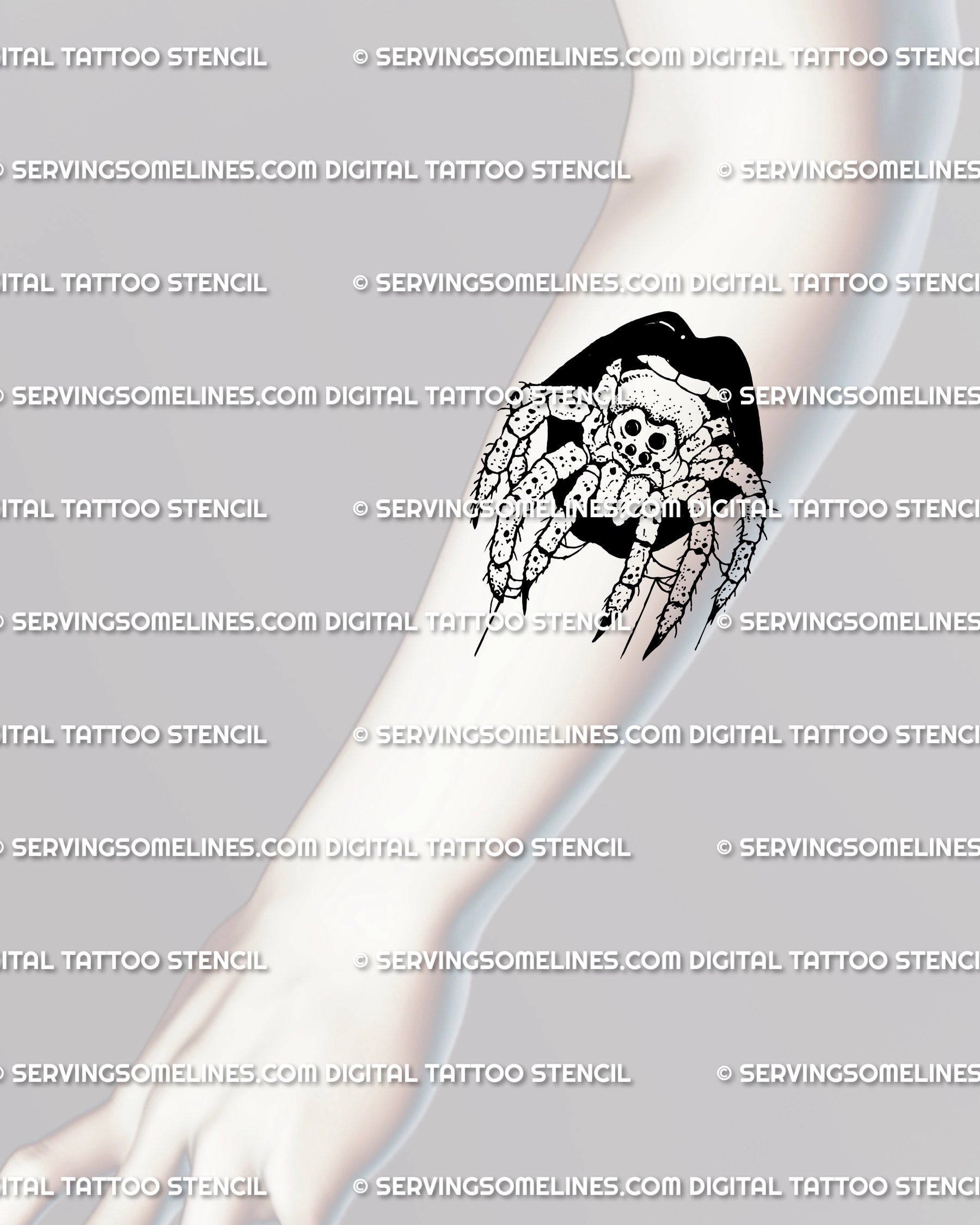 Spider in mouth tattoo stencil on forearm, gothic lips with tarantula. Creepy Halloween design as a digital download for tattoo artists and clients.