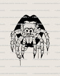 Hand-drawn spider-in-mouth tattoo stencil with gothic black lips, witchy horror vibe, digital download design for arm, leg, or neck.