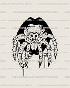 Hand-drawn spider in mouth tattoo stencil with gothic black lips, witchy Halloween horror vibe, digital download design for arms, legs, or neck placement.