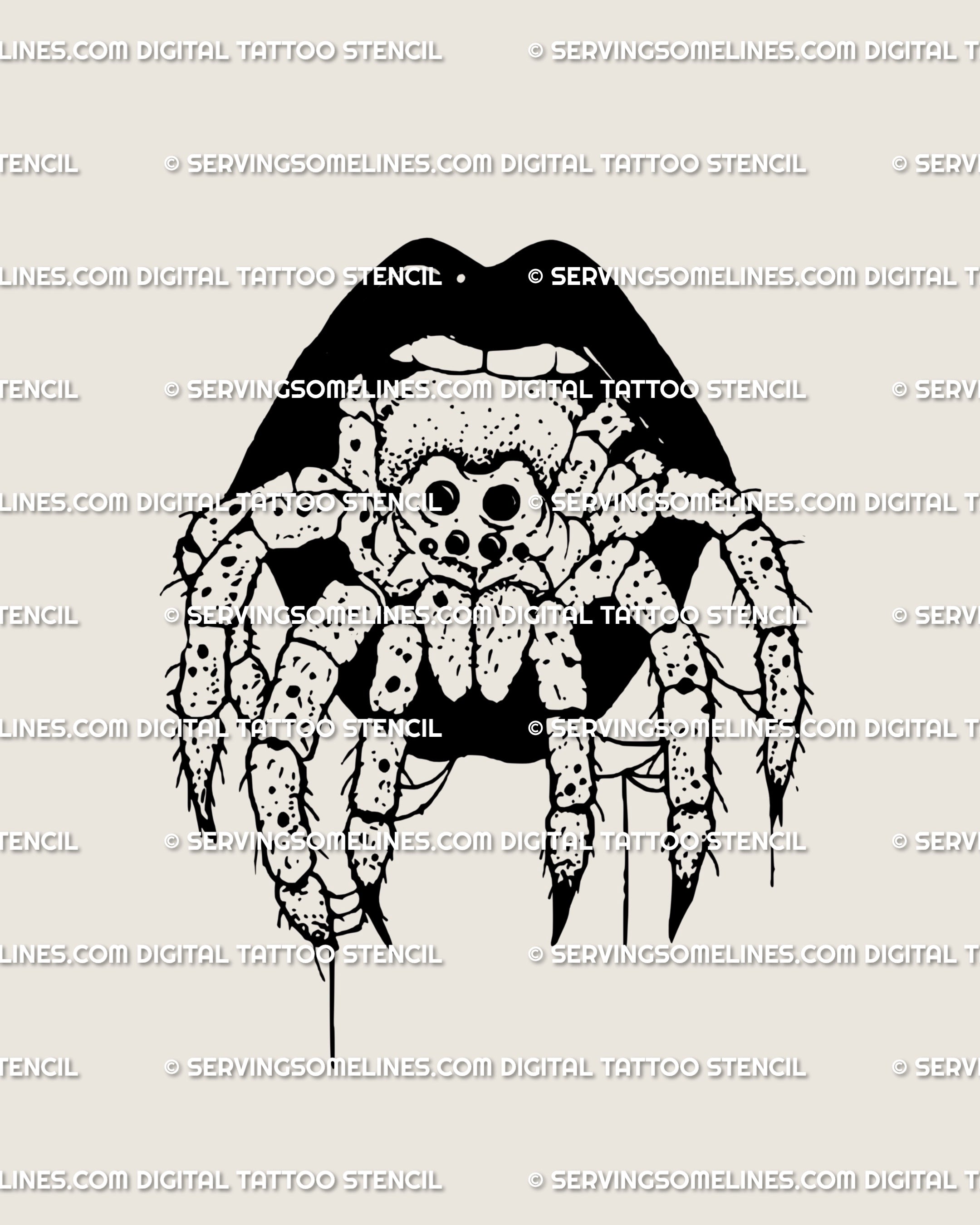 Hand-drawn spider in mouth tattoo stencil with gothic black lips, witchy Halloween horror vibe, digital download design for arms, legs, or neck placement.