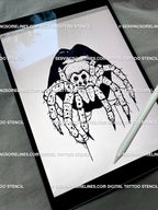 Creepy spider-in-mouth tattoo stencil shown on iPad, gothic black lips with tarantula design, horror line art for alt-goth aesthetic.