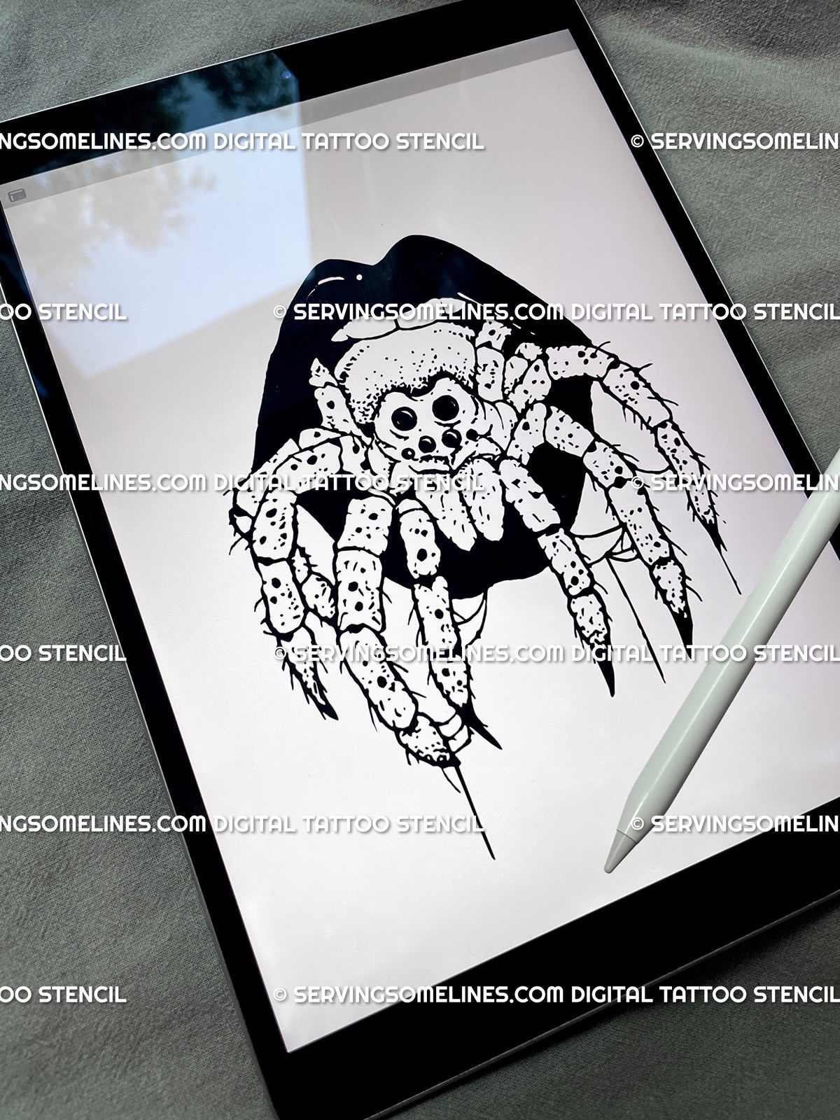 Creepy spider-in-mouth tattoo stencil shown on iPad, gothic black lips with tarantula design, horror line art for alt-goth aesthetic.