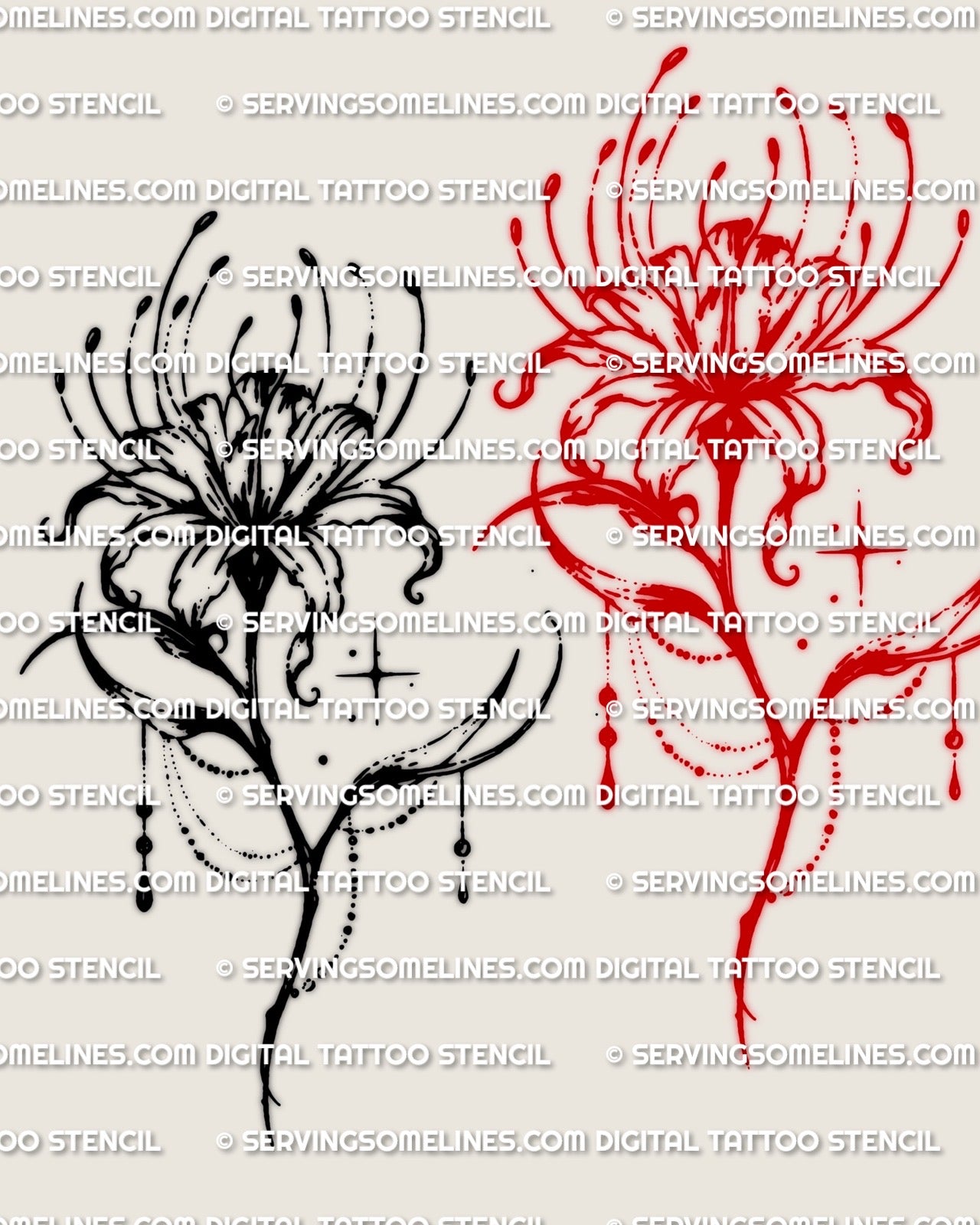 Spider lily tattoo stencil, black and red versions, long curled petals with stem, printable design file for tattoo stencil use