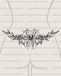 Spider lower back tattoo shown on womens waist placement, with a centered spider, web detail, and rose accents.