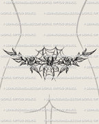Spider lower back tattoo shown on womens waist placement, with a centered spider, web detail, and rose accents.