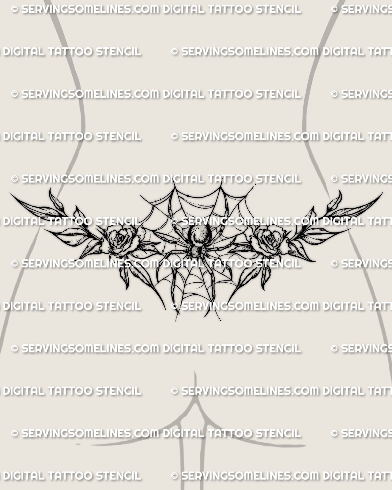 Spider lower back tattoo shown on womens waist placement, with a centered spider, web detail, and rose accents.