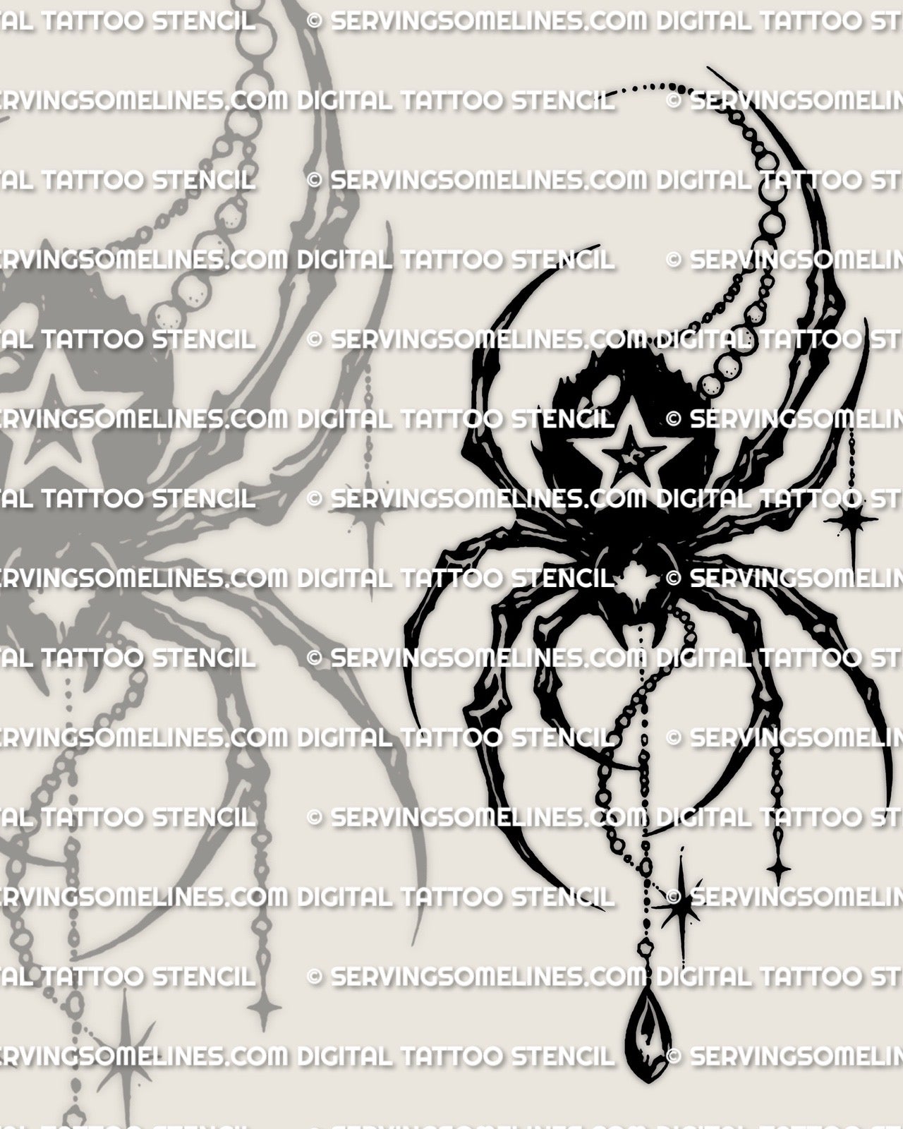 Black spider tattoo stencil, star abdomen detail with dangling chain accents, instant download stencil file, high-res PNG PDF print.