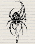 Spider tattoo stencil download, black gothic spider with star belly and hanging charms, printable PNG and PDF for stencil transfer.
