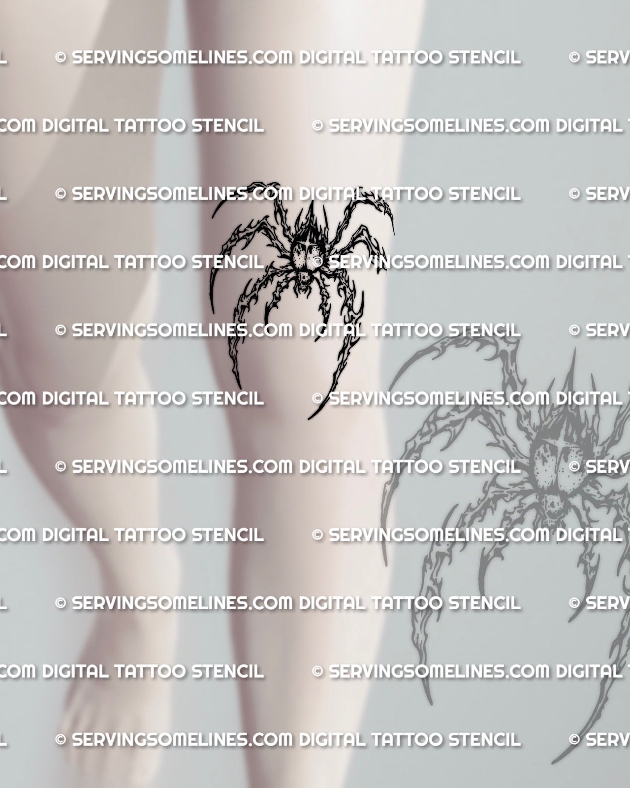 Spider tattoo stencil displayed on above knee wrap placement example, cybersigilism linework, printable digital files