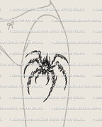 Spider tattoo stencil displayed on feminine thigh placement example, cyber sigil linework, instant download files