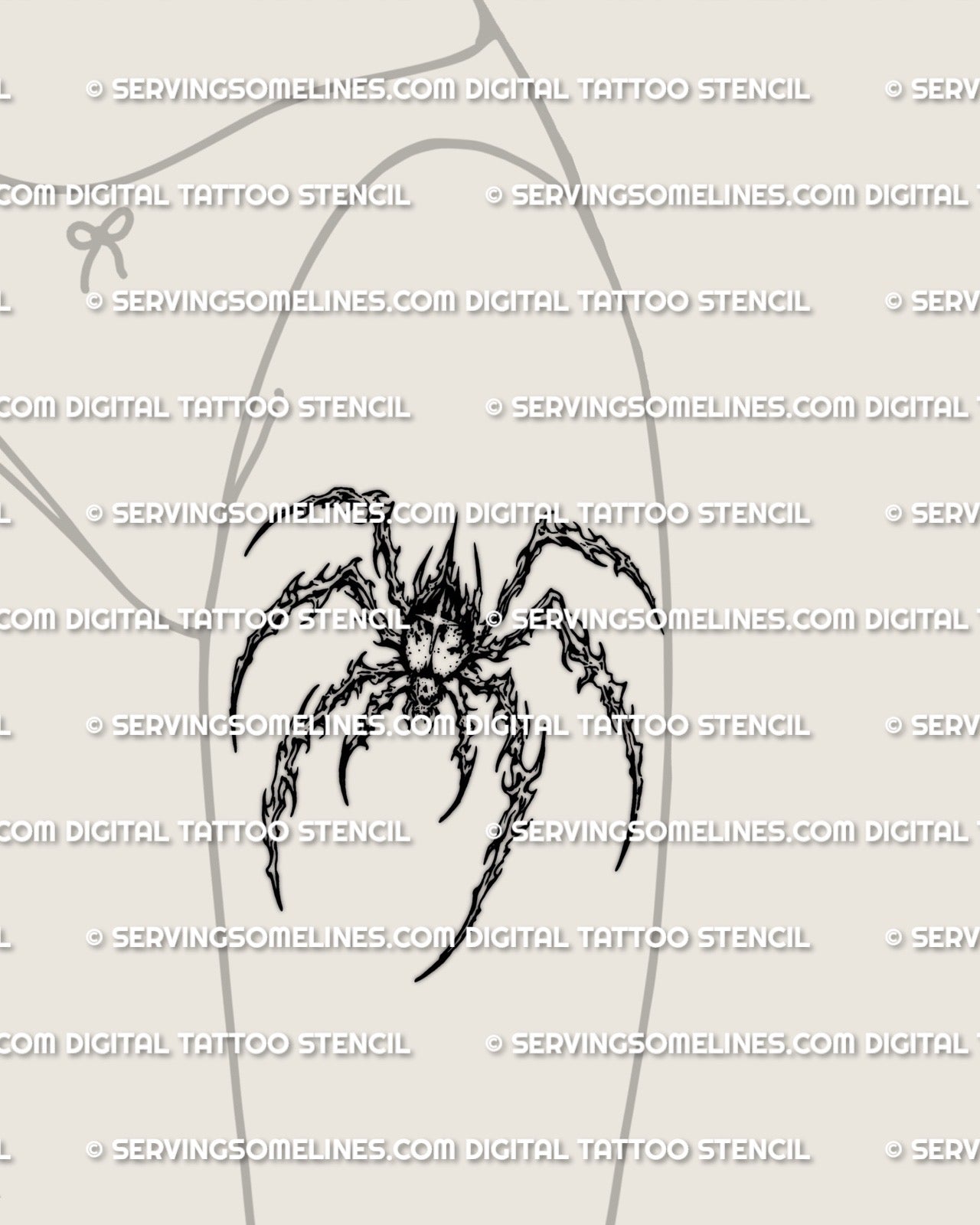Spider tattoo stencil displayed on feminine thigh placement example, cyber sigil linework, instant download files