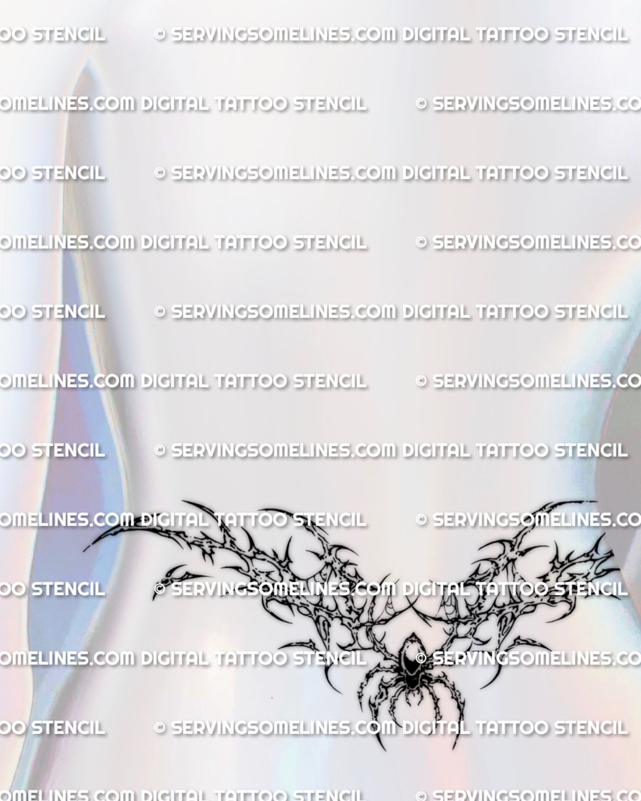 Spider tramp stamp tattoo stencil displayed in feminine lower back placement preview, dark spider design with digital download files.