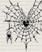 Spider web heart tattoo design in stencil style, bold heart outline with web rings and speckled lines, plus a tiny spider accent