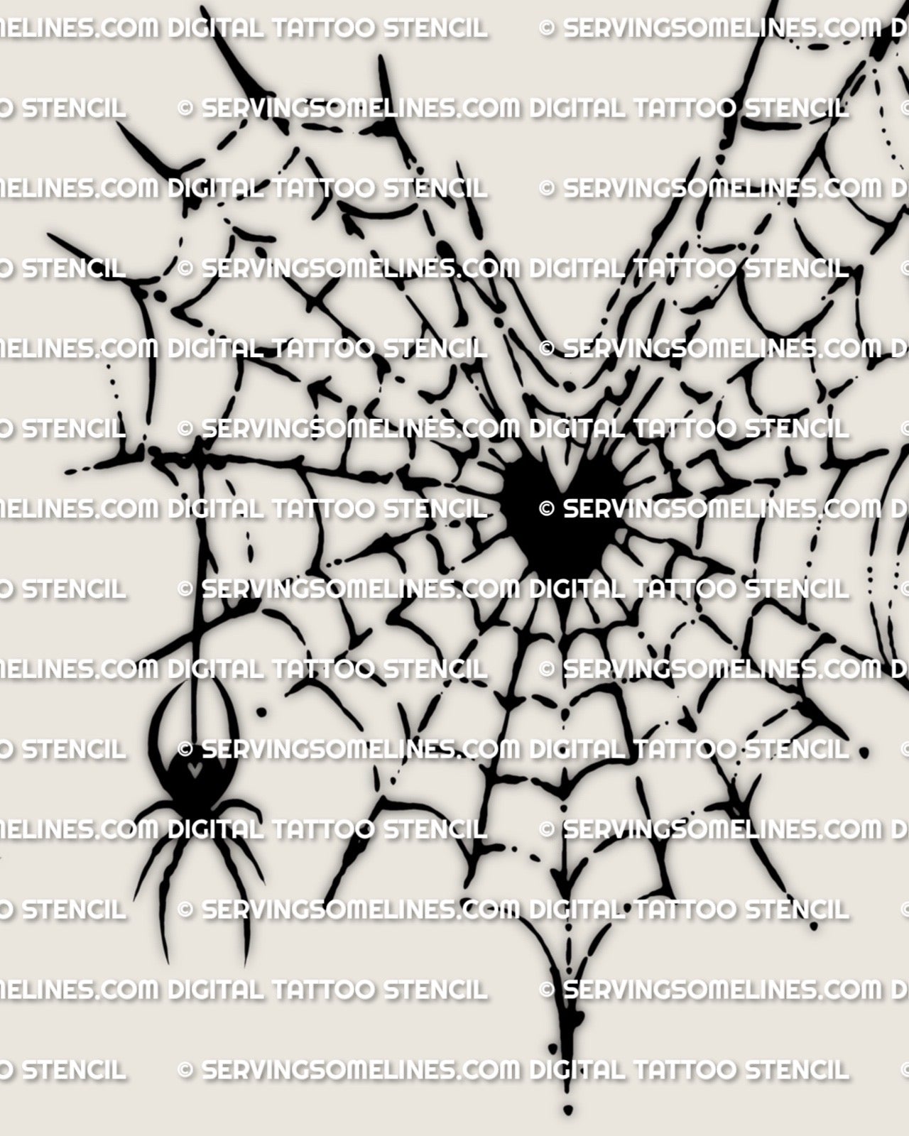 Spider web heart tattoo design in stencil style, bold heart outline with web rings and speckled lines, plus a tiny spider accent