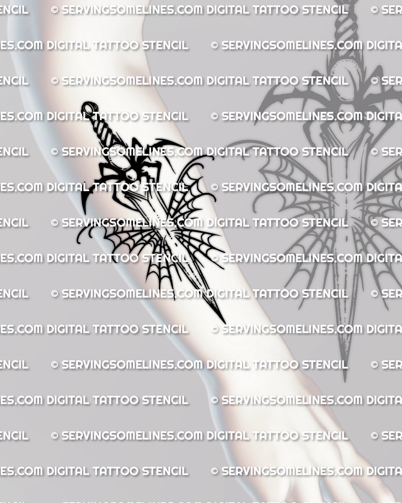 Spider web knife tattoo stencil shown on forearm placement, spiderweb behind dagger blade, tattoo stencil file